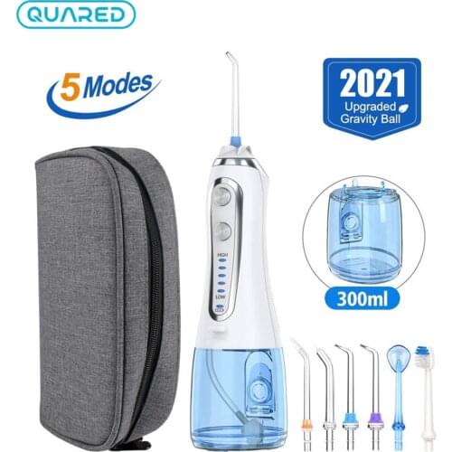 5 Modes Oral Irrigator USB Rechargeable Portable Dental Water Flosser Jet 300ml Irrigator Dental Teeth Cleaner + 5 Jet Tip & Bag