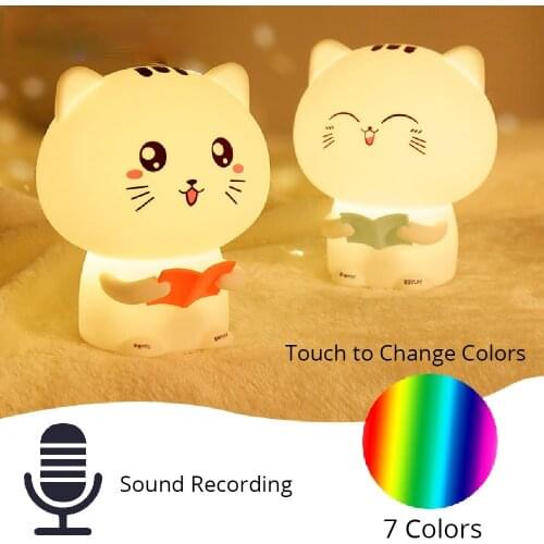 Cat LED Night Light Sound Recordable NightLights USB Touch Sensor Colorful Cartoon Silicone Lamp Bedroom Bedside Lamp for Child