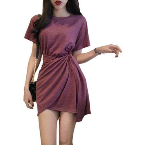 Summer Women Dress Solid Color Short Sleeve Round Neck Waist Tie Knot Pencil Mini Dress vestido de mujer платье летнее женское