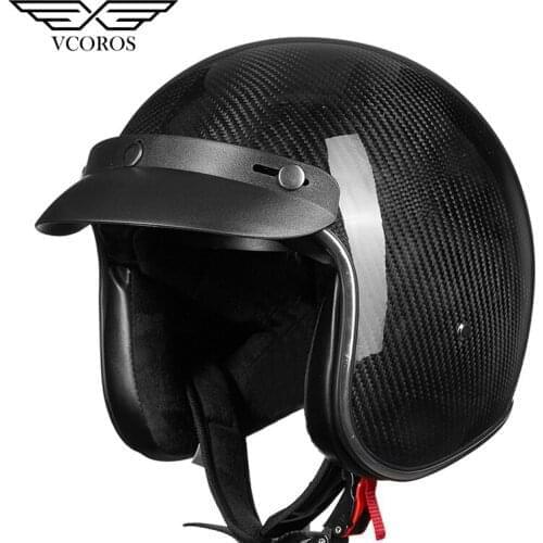 Vcoros Carbon Fiber Retro Motocycle Helmet with Quick Released Buckle Vintage Helmet Woman Man scooter casque