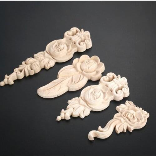 1pc Flower Unpainted Wooden Moulding Corner Decal Woodcarving Natural Wood Appliques Furniture Decor 3D Rose Figurine 10-19cm
