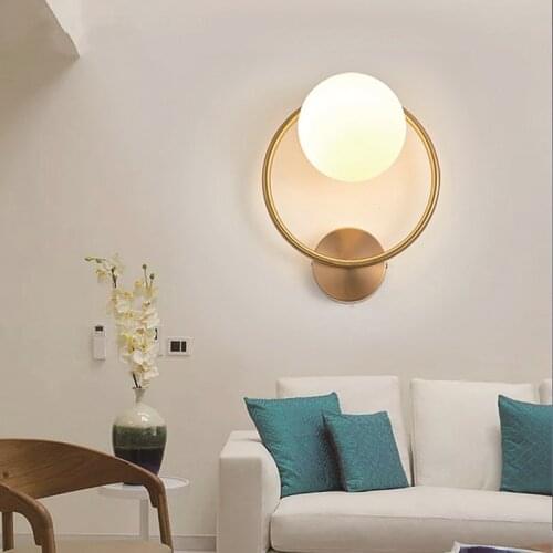Nordic LED W27 Wall Lamps For Living Room Bedroom Bedside Restaurant Glass Ball Iron Ring Apartment Corridor Lighting Luminaire