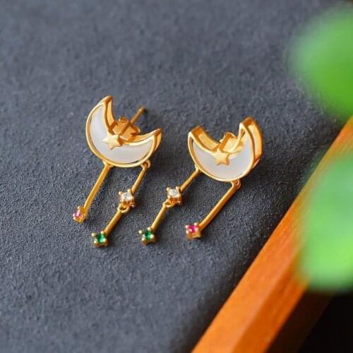 Star and Moon Earrings Niche Original Design Hetian Jade Ear Studs S925 Sterling Silver Anti-Allergy Earrings for Girlfriend