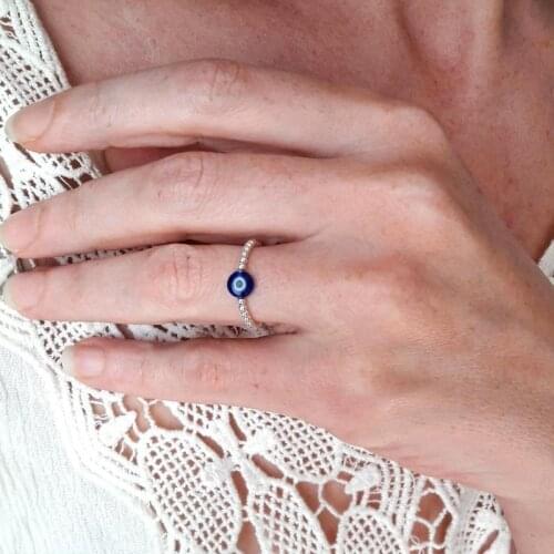 Punk Blue Color Evil Eye Rings for Women Men Vintage Rotatable Beads Finger Ring Party Jewelry Gift Accessories