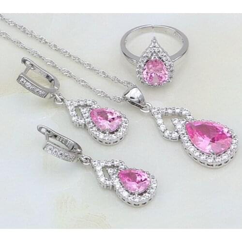 Sterling Silver Jewelry Lovely Pink Cubic Zirconia White CZ Jewelry Sets For Women Wedding Open Ring/Earring/Pendant/Necklace