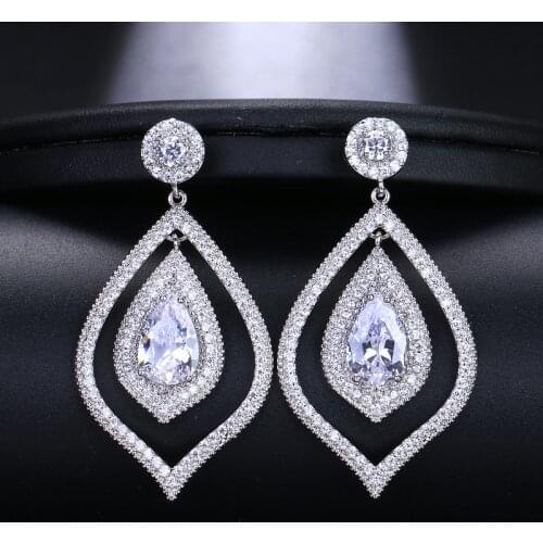 EMMAYA Shiny Leaf Shaped Dangling Big CZ Bridal Black Crystal Long Drop Earrings For Women Wedding Fashion Jewelry Gift