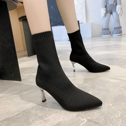 2020 Womens Fashion Sock Boots High Heel Shoes Winter Stretch Knitting Ankle Booties Sexy Party Pointed Toe Boots Sock Woman