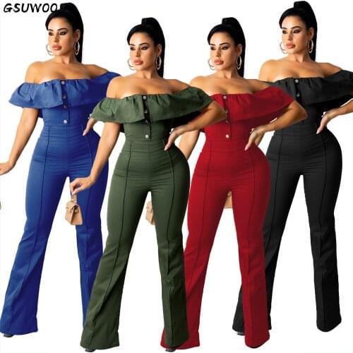 Gsuwoo Women Sexy Ruffled Off the Shoulder Jumpsuit Summer Casual High Waist Slim Fit Rompers Solid Color Ruffles Overalls S-XXL
