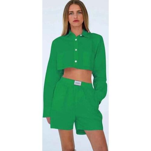 New Autumn Ladies Short Sets Long-sleeved Solid Color Shirt + Wide-leg Shorts Commuter Sports Casual Womens Two-piece Suit WF54
