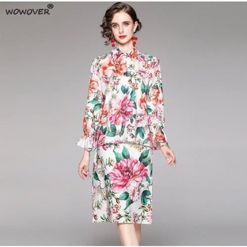 Autumn Fashion Runway Floral Print Two Piece Dress Sets Elegant Flare Sleeve Office Lady Womens Suits with Skirts Outfits