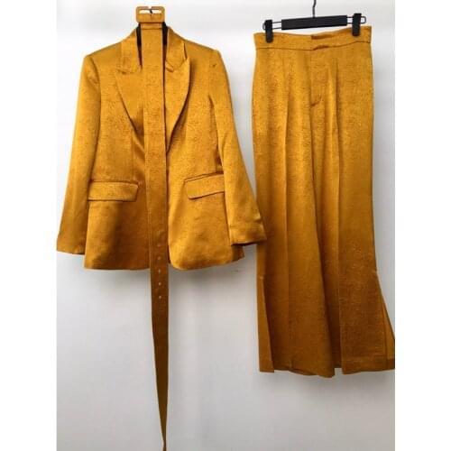 Fashion 9.10 High end Womens Set With Belt Lapel Single Button Long Sleeve Jacquard Blazer Coat OR Drape Straight Trousers