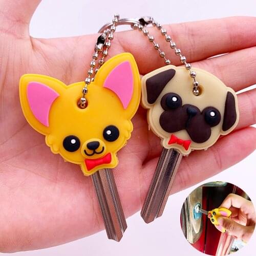 1 piece Cute Cartoon Keychain Silicone Cat Dog Protective Key Case Cover for Key Control Dust Cap Holder Gift Women Key Chain