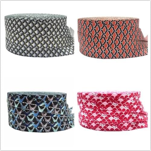 10 yards Mermaid fish scales Shark tooth Printed Fold Over Elastic Ribbon Crab Starfish Unicorn FOE 16mm for Hair Tie Bracelet