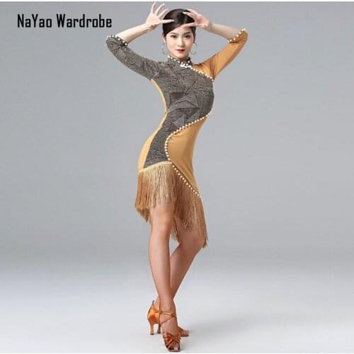 2020 New 7014 Patchwork Tassel Fake Pearl Line Design Latin Dance Dress Women Dancing Performance Dress for Ballroom Samba Tango