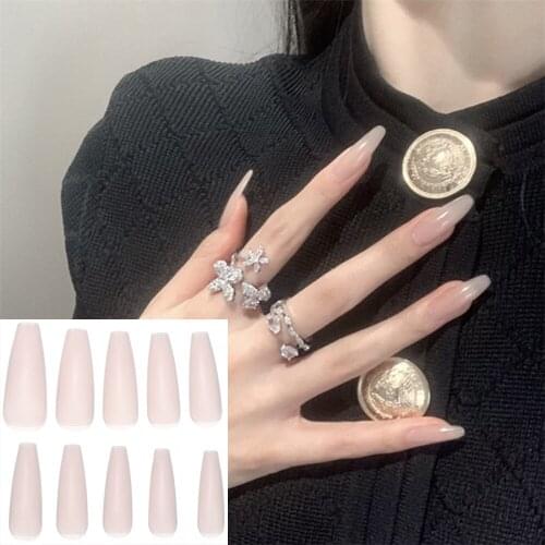 24Pcs/Box Long Ballerina False Nails Fashion Jelly Pink Manicure Patches Press On Nails Detachable Coffin Full Cover Nail Tips