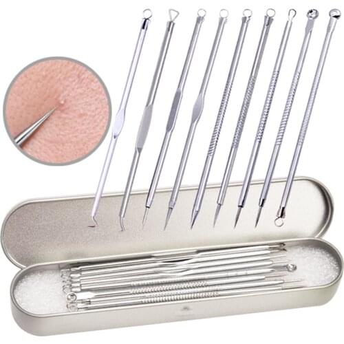 9pcs Blackhead Comedone Acne Pimple Blemish Extractor Blackhead Remover Pore Cleanser Acne Remover Needle/Crochet Hook Skin Care