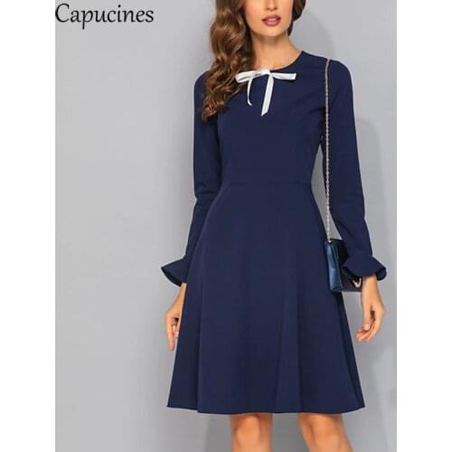 Capucines Office Lady Flare Sleeve White Ribbon Bow Women Dress Autumn O Neck Long Sleeve A Line Party Dresses Female Vestidos