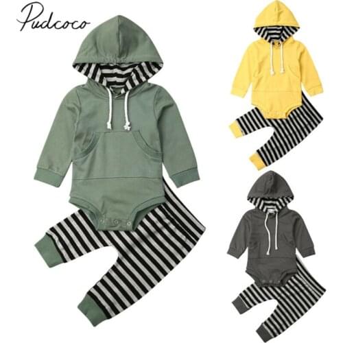 2019 Baby Spring Autumn Clothing Toddler Baby Boy Clothes Hooded Tops Long Sleeve Romper Striped+Long Pants Pocket Outfits