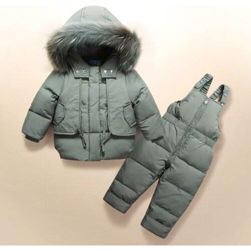 Russian Winter Kids Snowsuit Windproof Thick Warm Baby Boys Skiing Suits Duck Down Real Fur Collar Outwear Coat+Jumpsuit Pants