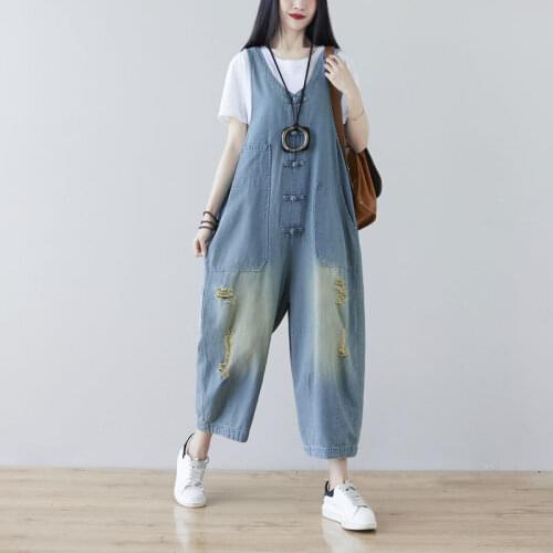 Denim Sleeveless Jumpsuits New Women Summer Washed Vintage Loose Jean Overalls Ripped Hole blue V-neck Rompers Baggy Trousers