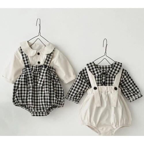 2pcs Clothing Set Newborn Korean Toddler Fashion Baby Boy Set Baby Girls Clothes Set doll Collar Shirt + strap Climbing Outfits