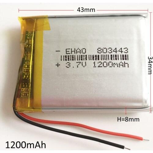 EHAO 803443 3.7V 1200mAh Lithium Polymer Li-Po Rechargeable Battery For Mp3 GPS PSP DVD Mobile Video Game PAD E-books Tablet PC