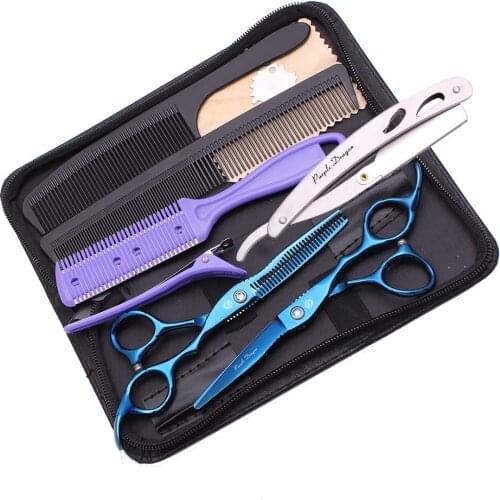 Blue Professional Hairdressing Hair Scissors Set Barber Hair Cutting Thinning Kit Barber Razor Comb Case 6 Inch Y1221