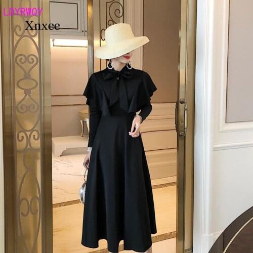 Autumn and Winter New Womens Korean Temperament Cape Style Lace Bow Long Sleeve Waist Fashion Dresses Clothing