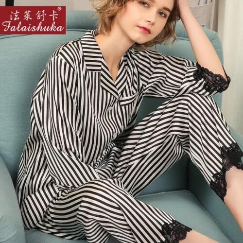 Real Silk Pajama Female Latest 2020 Silkworm Silk Long-Sleeve Sleepwear Woman Black Striped Two-Piece Pyjama Sets T8181