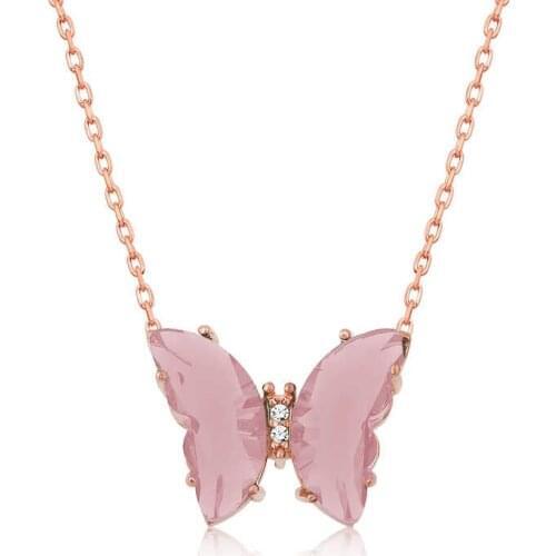 Real Silver 925 Jewelry Silver Powder Glass Butterfly Pendant