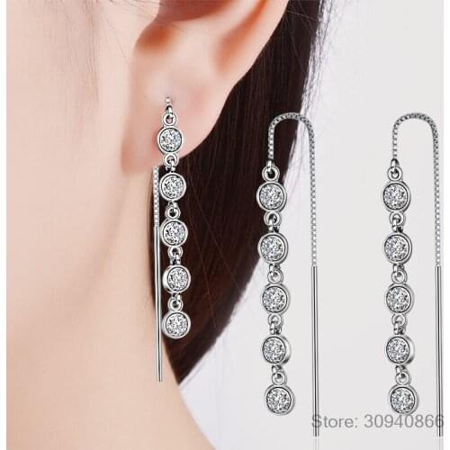 Luxury 925 Sterling Silver Geometric Long Tassel Circle AAA Zirconia Crystal Drop Earrings for Women Sterling Silver Jewelry