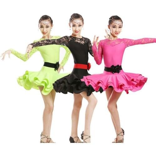 High Quality Sexy Lace Childrens Ballroom Stage Clothing Girls Latin Dance Skirts Long-Sleeved Dress Perfoming Costumes