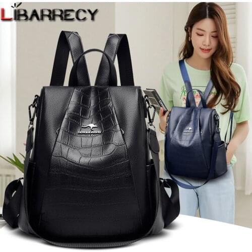 High Quality PU Leather Solid Color Backpacks Bag for Women 2021 New Fashion Shoulder Bag Multifunction Handbags Ladies