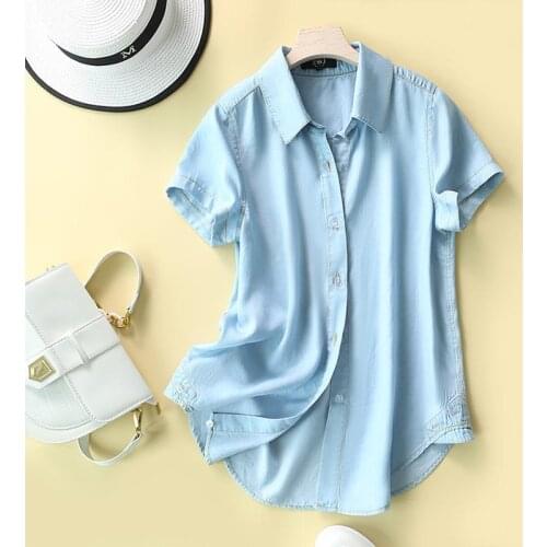 ZOJ Quality Comfortable Tencel Denim Shirt Blouse Japanese Womens Casual 2021 Summer New Short Sleeved Womens