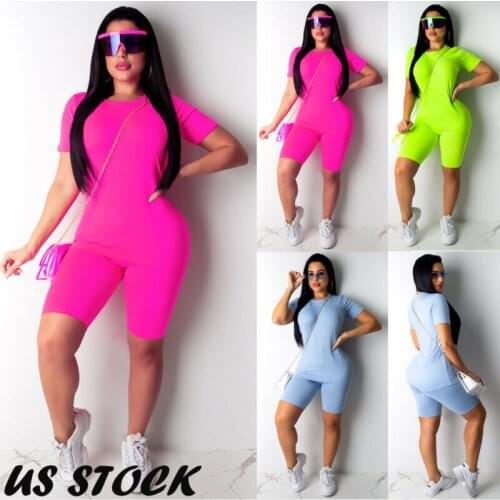 US Women Summer 2pcs/set Casual Tracksuit Jogging Gym Solid T-shirt Pants Suit