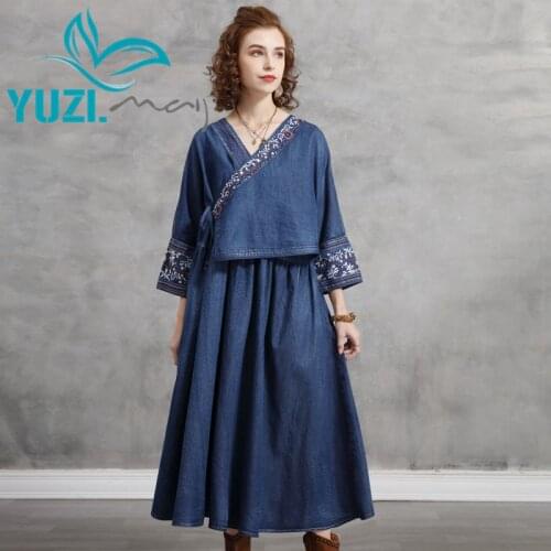 Womens Dress 2021 Yuzi.may Boho New Denim Dresses Female V-Neck A-line Vintage Embroidery Loose Vestidos A82290 Vestido