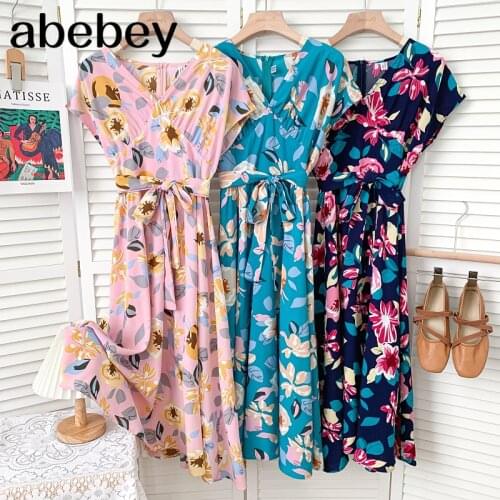 Temperament V-neck short sleeve Dress high waist pleated lace up waist print mid-length A-line Dress 2021 New Summer