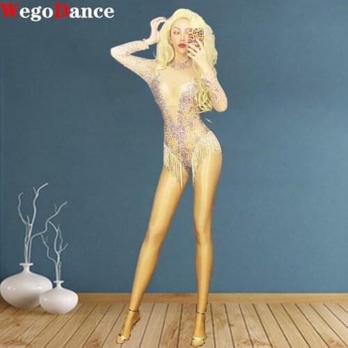 Silver Rhinestones Fringes Backless Transparent Net Bodysuit Women Dancer DS Wear Birthday Celebrate Outfit