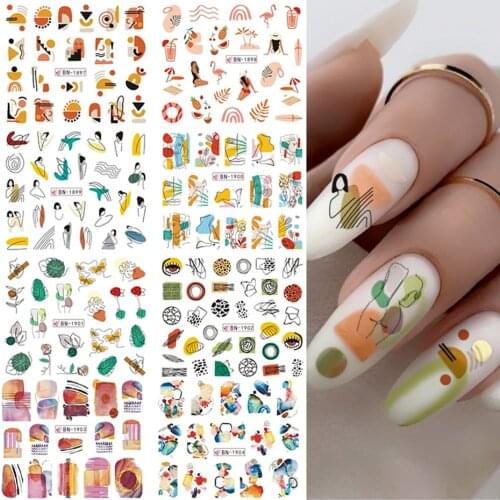 12pcs Abstract Lines Nail Sticke Blooming Watercolor Geometric Simple Face Leaf French Slider For Nail Accessories SABN1897-1908