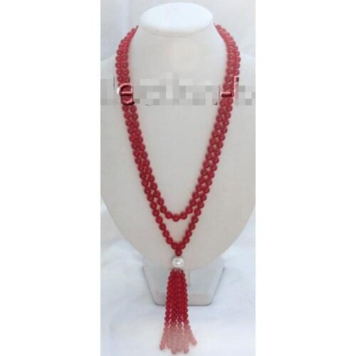 Free Shipping >>stunning long 50" 8mm round red stone beads necklace m871