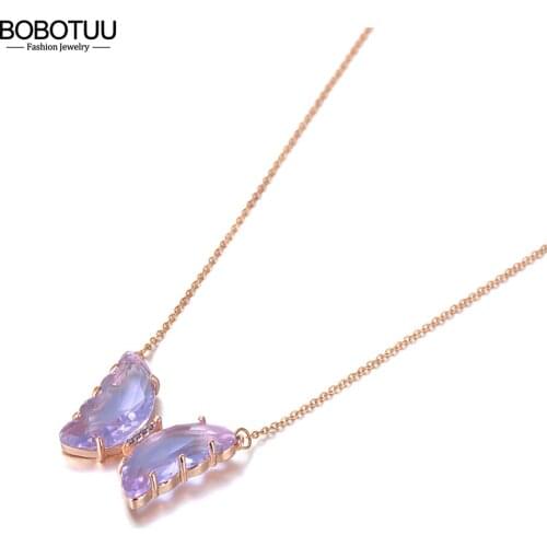 BOBOTUU Original Design Rose Gold CZ Crystal Butterfly Charm Pendant Necklaces For Women Trendy Titanium Steel Necklace BN20178