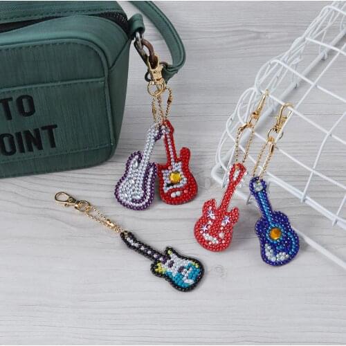5Pcs DIY Multi-shaped Diamon Painting Keychain Pendant Guitar Key Ring Holder Diamond Key Chain on the Bag for Women Girls Fema