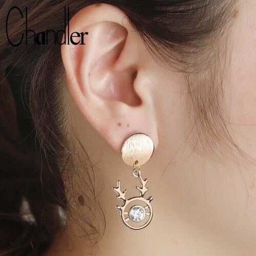 Chandler Bohemian Ankler Deer With Rhinestone Round Disc Drop Earring Statement Alloy Animal Piercing Pin Dangle Christmas Gifts