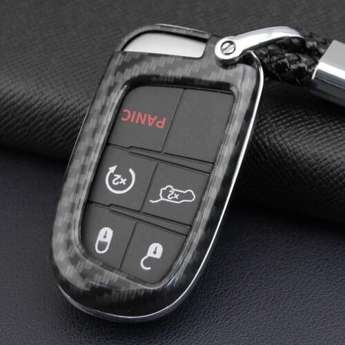 For Jeep Dodge Carbon Fiber Key Fob Chain Hard Cover Case Grand Cherokee Renegade Compass Charger Challenger Durango Journey