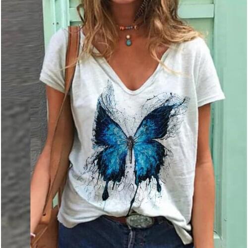 T Shirt Women Harajuku Tops Women 2021 Plus Size Short Sleeve Butterfly Printed V-Neck T-Shirt Tshirt Camiseta Mujer футболка