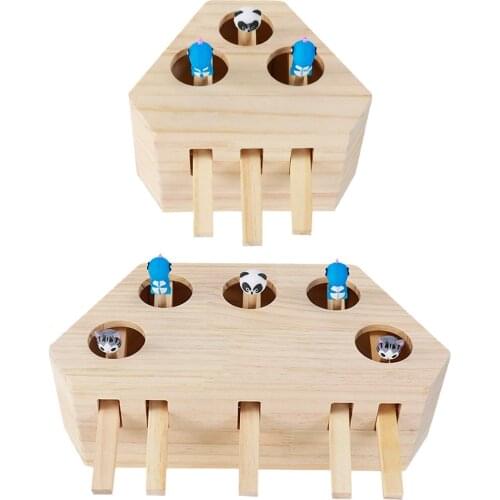 Cat Hunt Toy Chase Mouse Solid Wooden Interactive Box With 3/5-holed Mouse Hole Catch Bite Funny Toy for Indoor Cats