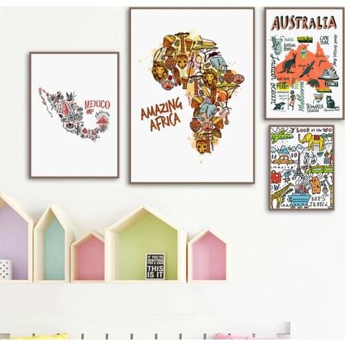 Canvas Pictures Home Decor Mexico Africa Australia Map Travel Animals Painting Wall Art Prints Nordic Poster Modular Living Room