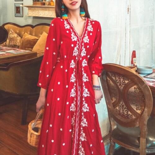 Red Clothing Womens Holiday Ethnic Style Red Cotton Hemp Embroidery Indian Dress Women Summer India Pakistan Kurta