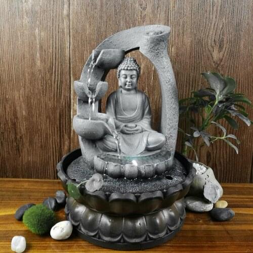 Creative Home Decorations Resin Water Waterfall Led Lights Fountain Buddha Statue Lucky Feng Shui Ornaments Landscape Decor