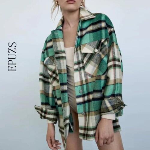 Fashion green Plaid jacket women winter coat Long Sleeve coats and jackets women Oversized jacket 2020